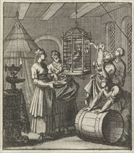 Five handmaidens see a magpie in a cage, Aart Wolsgrein Jan Luyken, 1693