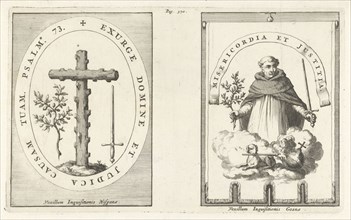Medallion with cross of knotty wood, St. Dominic with sword and olive branch in hand, Jan Luyken,