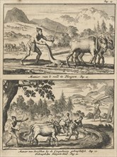 Ploughing farmer, Threshing farmers, print maker: Jan Luyken, Willem Broedelet, 1692