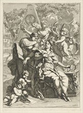 Two allegorical female figures surrounded by angels in front of a memorial, Caspar Luyken, 1691