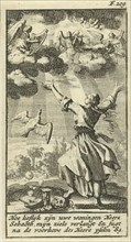 Woman listening with outstretched arms to the choir of angels in the clouds above her, Jan Luyken,