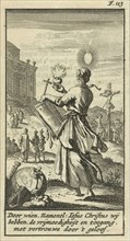 Female holding a burning heart, beholds the crucified Christ, Jan Luyken, Gijsbert de Groot, 1691
