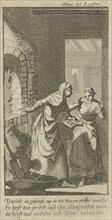 Two women retrieve a book undamaged from the fire, print maker: Jan Luyken, Dating 1691