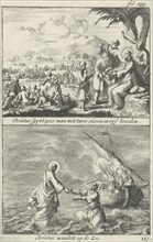 Miraculous multiplication of loaves and fishes by Christ and Christ on the water, Jan Luyken, Jan