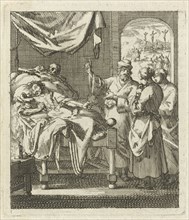 Three people at a sickbed, behind the sick person Death appears, Jan Luyken, wed. Pieter Arentsz