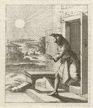 Man protects his eyes from the sun when he walks out, Jan Luyken, wed. Pieter Arentsz (II), 1689