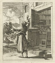 Man has left his study to see beyond the sky, Jan Luyken, wed. Pieter Arentsz (II), 1689