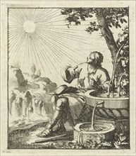 Man sitting next to a fountain, contemplating the sun, Jan Luyken, wed. Pieter Arentsz (II), 1689
