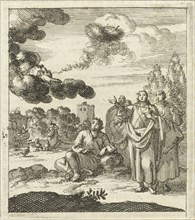 Five figures watch as a cherub from a cloud blows upwards, Jan Luyken, wed. Pieter Arentsz II, 1689