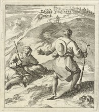 Pilgrim meets another pilgrim. Jan Luyken, wed. Pieter Arentsz (II), 1689