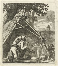 Traveler next to a well before a straw hut, print maker: Jan Luyken, wed. Pieter Arentsz II, 1689