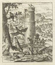 Fish gasping for air on dry land, in the background is a man on a high tower, Jan Luyken, wed.