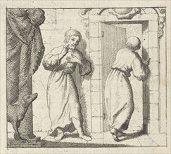 Two men at the open door of a room, print maker: Jan Luyken, Pieter Arentsz II, wed. Pieter Arentsz