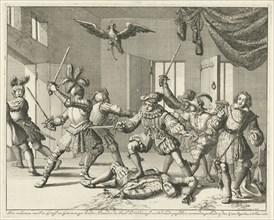John and Alexander Ruthven slain during a battle with James I of England, 1600, Jan Luyken, 1679 -
