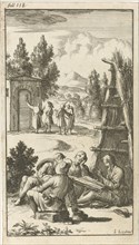 In front of a straw hut a man reads to three pilgrims, Jan Luyken, Johannes Boekholt, 1687