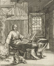 The writer Willem Sluiter sits at a table with folios and warms his hands by the fire, Jan Luyken,