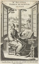 The writer Willem Sluiter at his desk with an open window, print maker: Jan Luyken, Gerbrandt