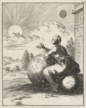 Female looking at the setting sun while sitting on a globe and leaning on a celestial globe, the