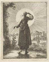 Woman holds her hand before her eyes while looking at the sun, Jan Luyken, Pieter Arentsz (II),