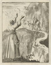Woman looks startled at a sleeping man who bestrides a narrow mountain on a donkey, print maker: