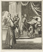Woman pointing at Death, a figure on deathbed, Jan Luyken, Pieter Arentsz II, 1687
