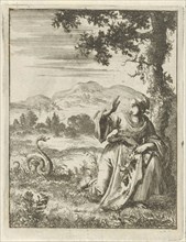 A woman picking a flower attacked by a snake, Jan Luyken, Pieter Arentsz II, 1687