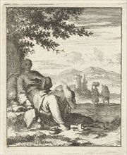Woman sitting in the shade under a tree, print maker: Jan Luyken, Pieter Arentsz II, 1687
