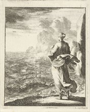 Woman watching from the shore out to sea, print maker: Jan Luyken, Pieter Arentsz II, 1687