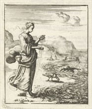 Woman lets sand trickle through her fingers on the beach, Jan Luyken, Pieter Arentsz (II), 1687