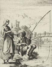 Woman in conversation with an angler, Jan Luyken, Pieter Arentsz (II), 1687