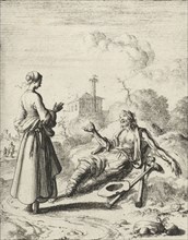 Woman speaks to a beggar, Jan Luyken, Pieter Arentsz (II), 1687