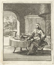 Woman eating at a table, Jan Luyken, Pieter Arentsz (II), 1687