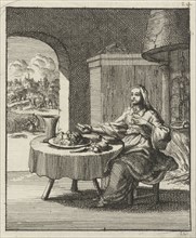 Woman eating at a table, Jan Luyken, Pieter Arentsz (II), 1687