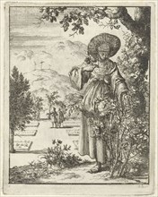 Woman picking roses in a garden, Jan Luyken, Pieter Arentsz II, 1687