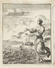 Woman looking at the sea, Jan Luyken, Pieter Arentsz (II), 1687