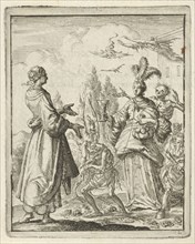 Woman pointing to richly dressed woman who is led on a string by Sin and is surrounded by death and