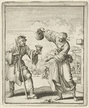 Woman gives a beggar wine, Jan Luyken, Pieter Arentsz (II), 1687