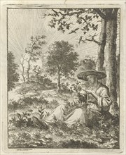 Woman looking at flowers in the field, Jan Luyken, Pieter Arentsz (II), 1687