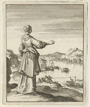 Woman overlooking a bay where a boat is pulled by a group of men, Jan Luyken, Pieter Arentsz (II),