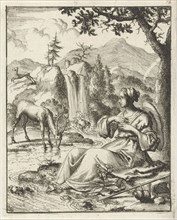 On the banks of a stream a woman sees a deer drinking, Jan Luyken, Pieter Arentsz II, 1687