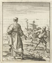 Female beholds a farmer sowing, Jan Luyken, Pieter Arentsz II, 1687