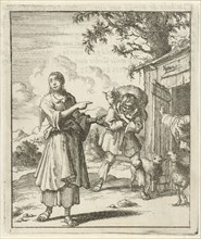 Woman pointing to a found sheep brought back to the stable on the shoulders of a man, Jan Luyken,