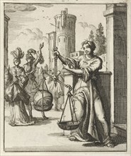 Women contemplating an orb, globus cruciger is an orb topped with a cross, a Christian symbol of