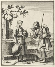 Wife gives a pilgrim water from a jug, Jan Luyken, Pieter Arentsz (II), 1687