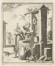 Wife gets a bucket of water from a well, print maker: Jan Luyken, Pieter Arentsz II, 1687
