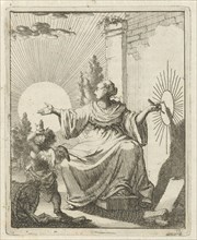 Female compares the sun with a drawing of the sun next to her on a wall, Jan Luyken, Pieter Arentsz