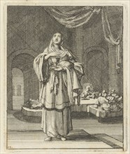Veiled woman with bread and a wine cup in her hands, Jan Luyken, Pieter Arentsz II, 1687