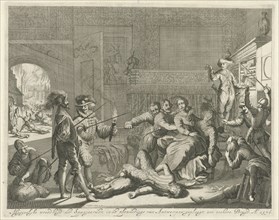 Abuse of a bride by Spanish soldiers during the Spanish Fury in Antwerp, Belgium, 1576, Jan Luyken,
