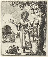 Woman collects fruits, Jan Luyken, Pieter Arentsz (II), 1687