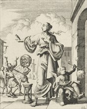 Women making defensive gesture to Death, who cuts the thread of life, print maker: Jan Luyken,